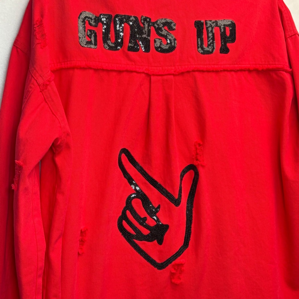 Texas Tech Red Raiders Denim Shirt Jacket Womens XL Distressed Sequin Guns Up - Picture 11 of 11
